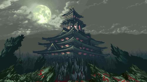 Pagoda territory at night in pixel art