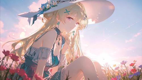 Beautiful Anime Girl in Flower Field at Sunset