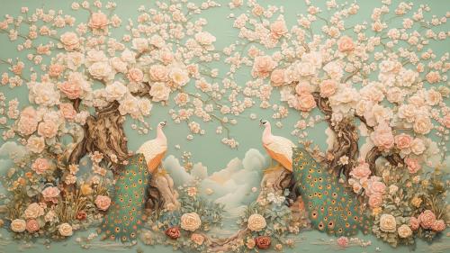 Peacocks among blossoms