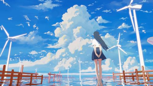 Anime Girl Under Blue Sky with Wind Turbines