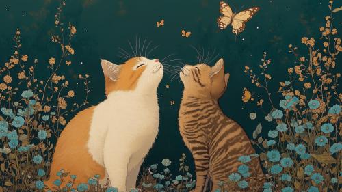 Quiet Moment with Cats and Butterflies