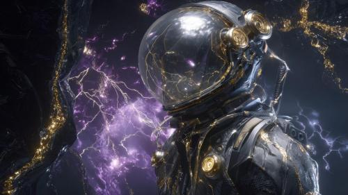 Futuristic Astronaut With Gold Lines Amidst Purple Lightning