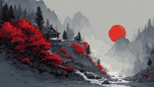 Traditional Japanese Scene With Vivid Red Autumn