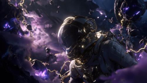 Golden Armored Astronaut Exploring Cosmic Storm