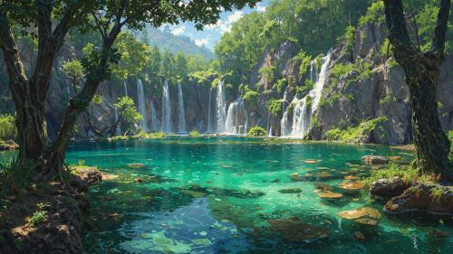 Forest Waterfalls Turquoise Lake Landscape