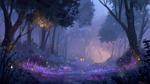 Twilight Forest Path Purple Foliage Fireflies