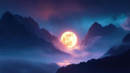 Full Moon Over Mountain Valley Water Fog