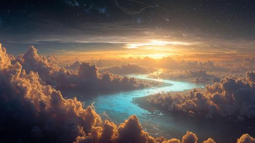 Golden Clouds Blue River Sunset Starry Sky