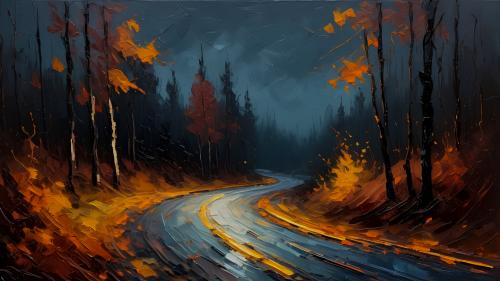 Highway through forest at night