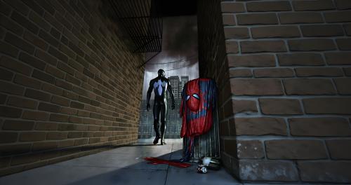 Spider-man leaving his suit