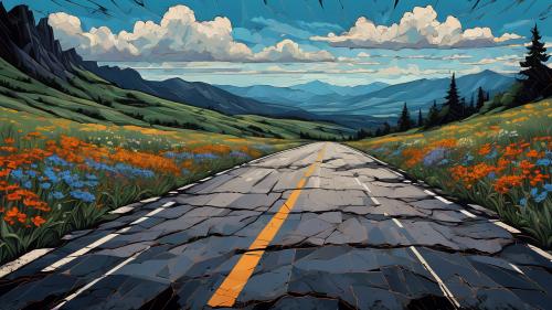 Cracked highway with wildflowers.