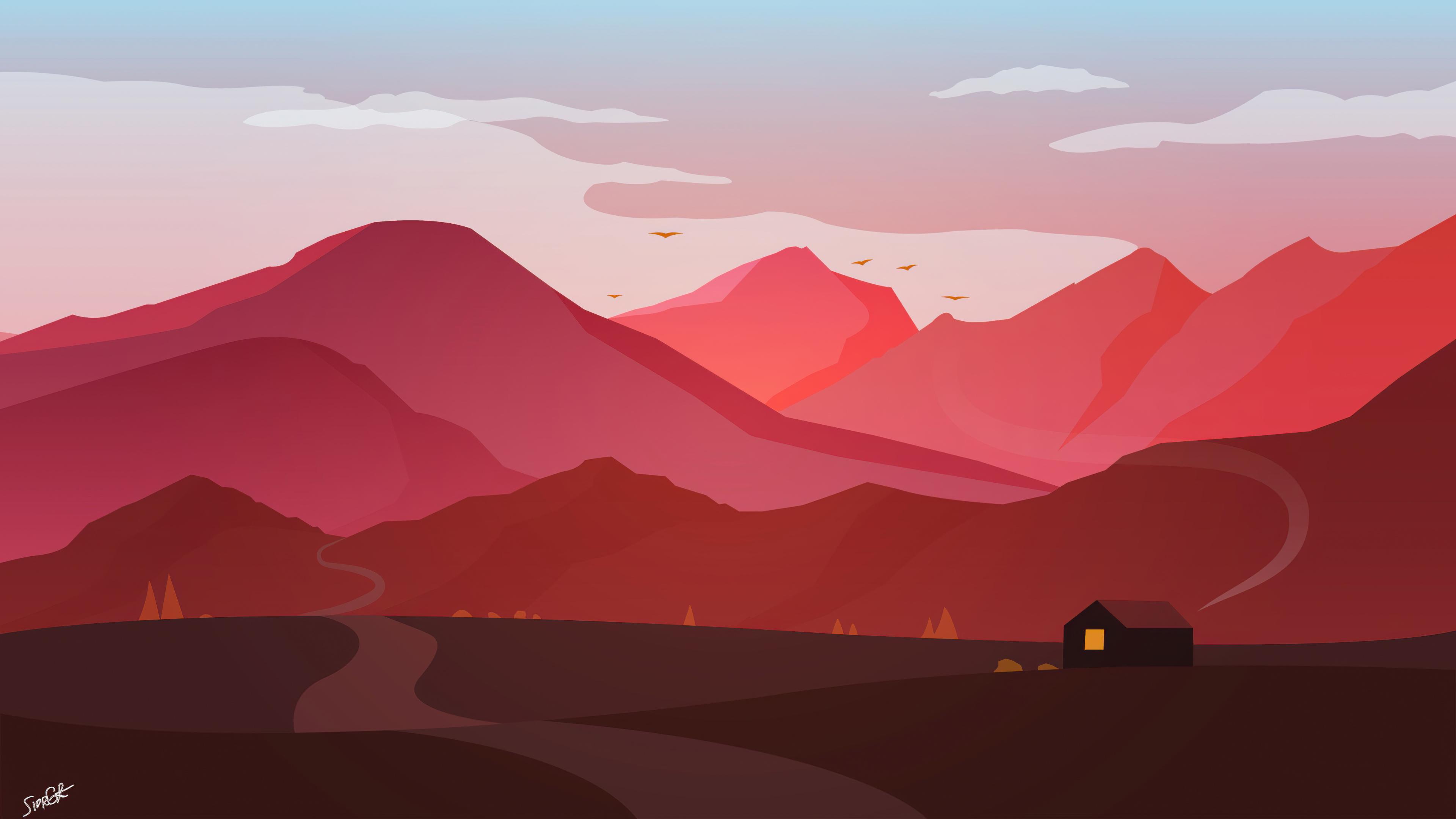 A peaceful road through crimson mountains