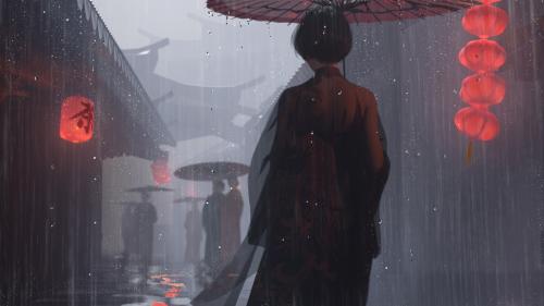 Stylized Japanese street in rain