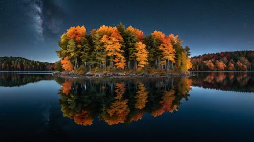 Forest reflection on a placid lake.