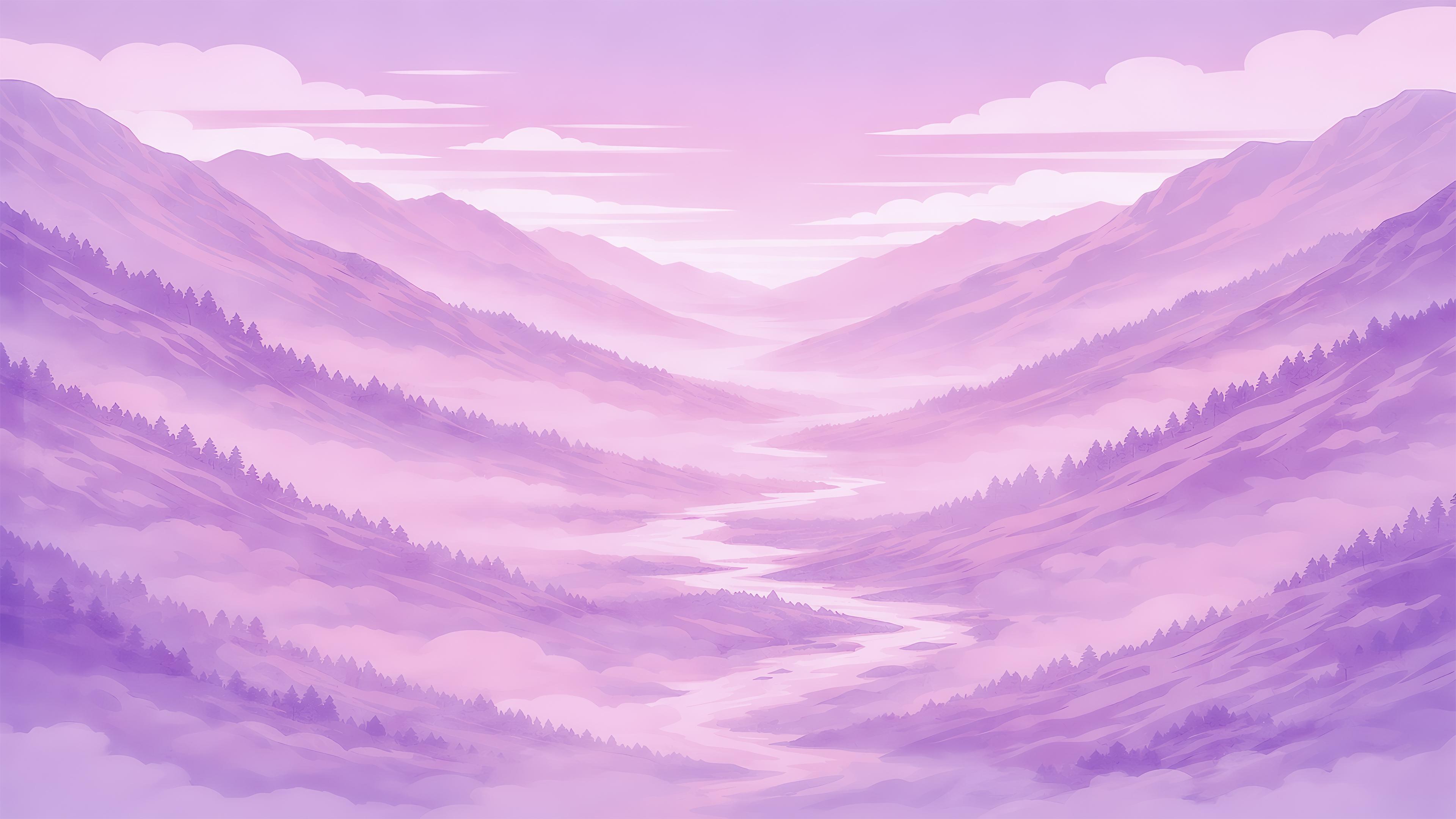 Pastel Sky Over a Misty Mountain Valley and River