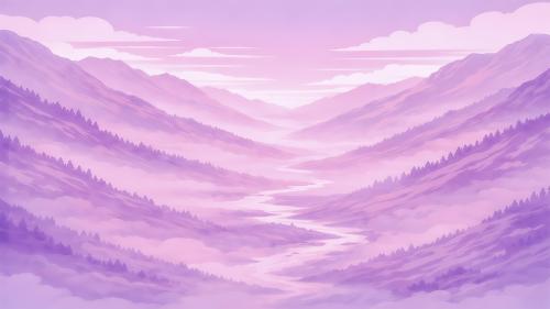Pastel Sky Over a Misty Mountain Valley and River