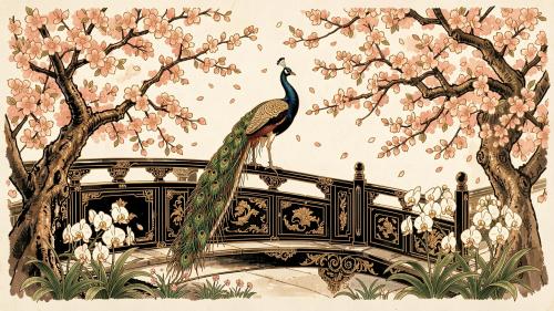 peacock with cherry blossom