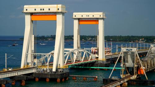 Pamban bridge with sunset glow