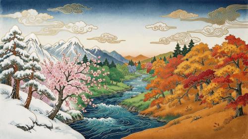 Four Seasons Landscape Transition in Cloisonné + Ukiyo-e