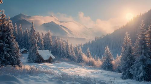 Morning sunlight over a snowy alpine forest