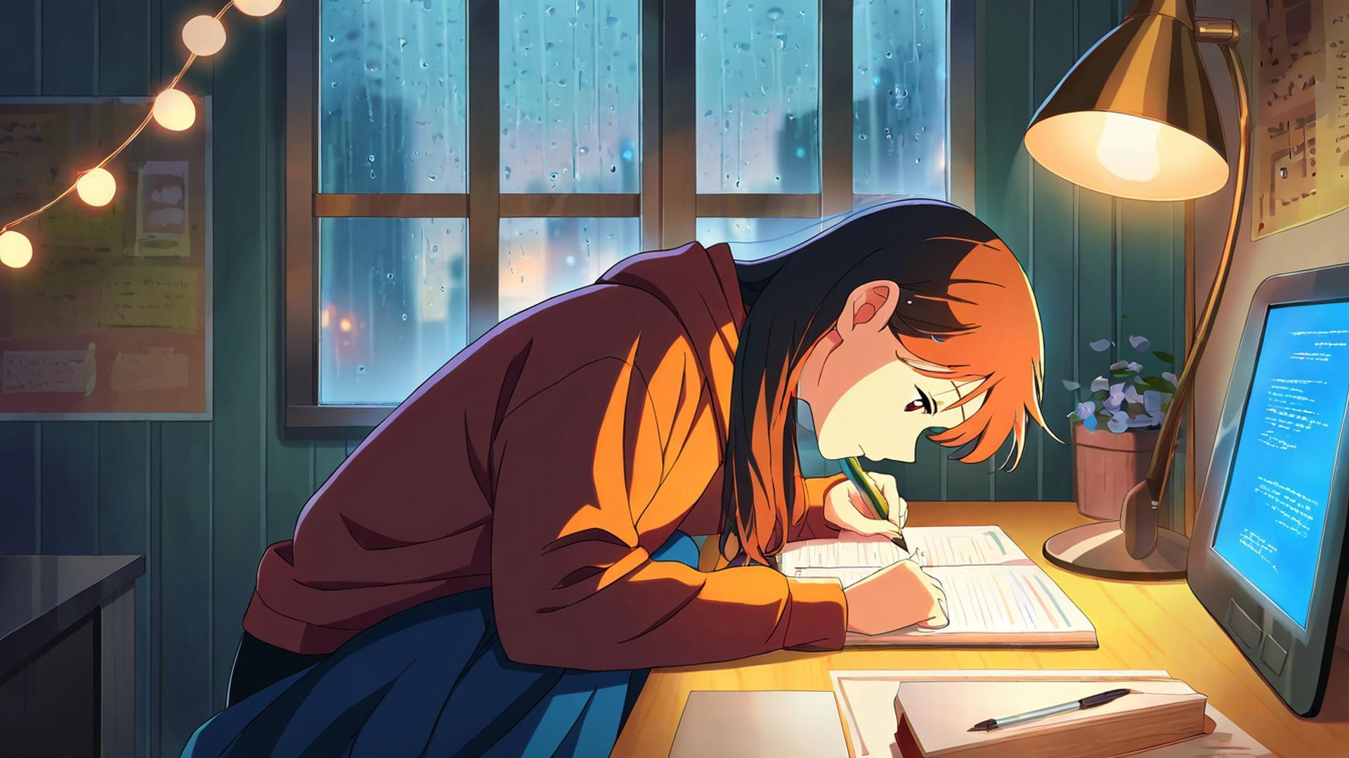 Anime girl studying by rainy window