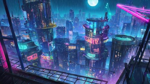 Cyberpunk rooftop view