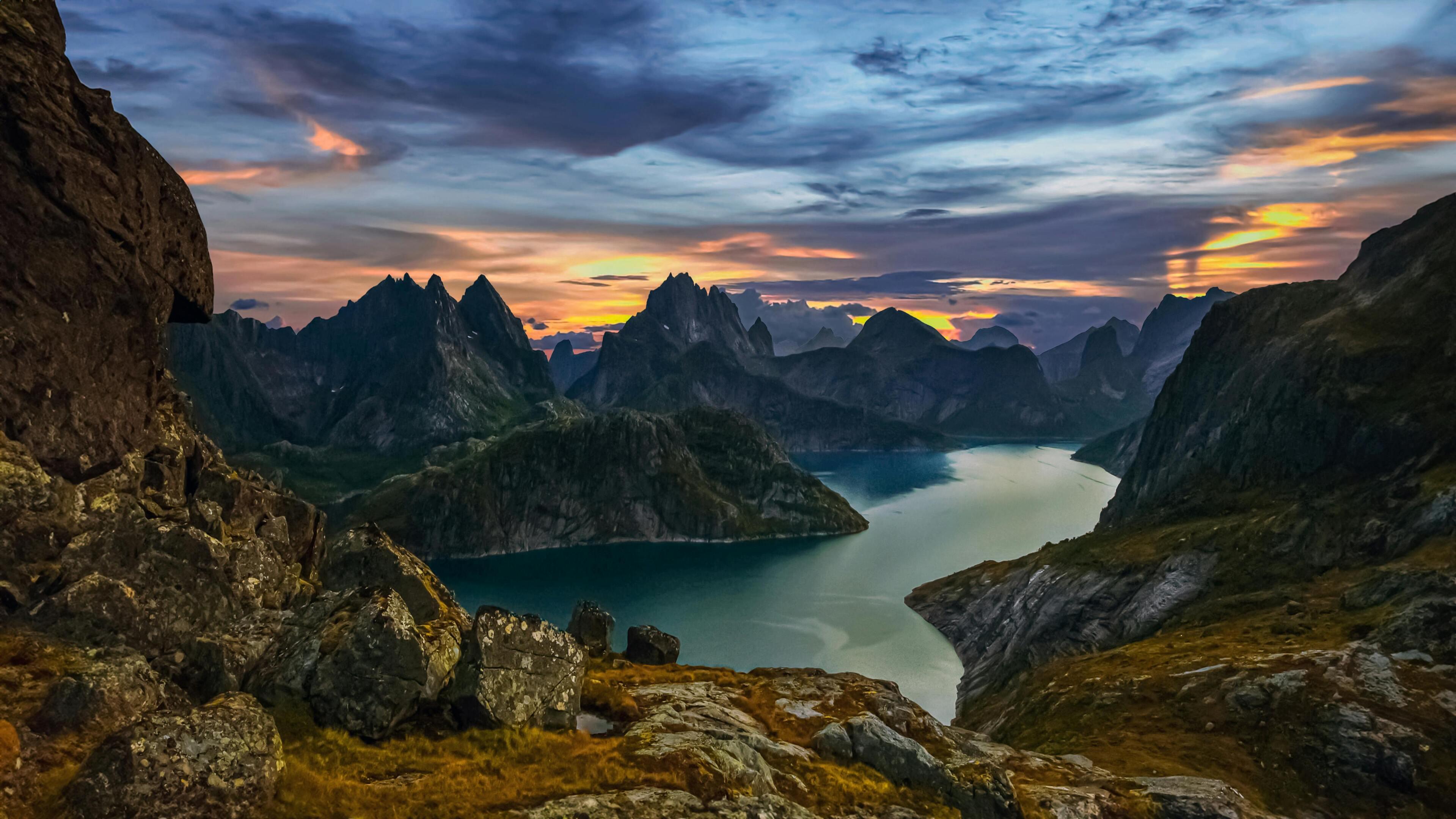 Dramatic Sunset Over Norwegian Fjord, Lofoten Islands