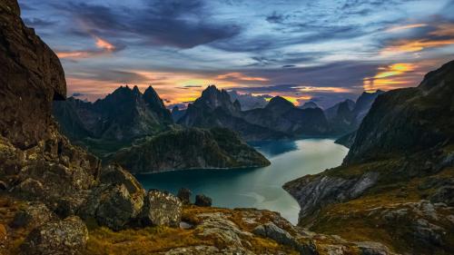 Dramatic Sunset Over Norwegian Fjord, Lofoten Islands