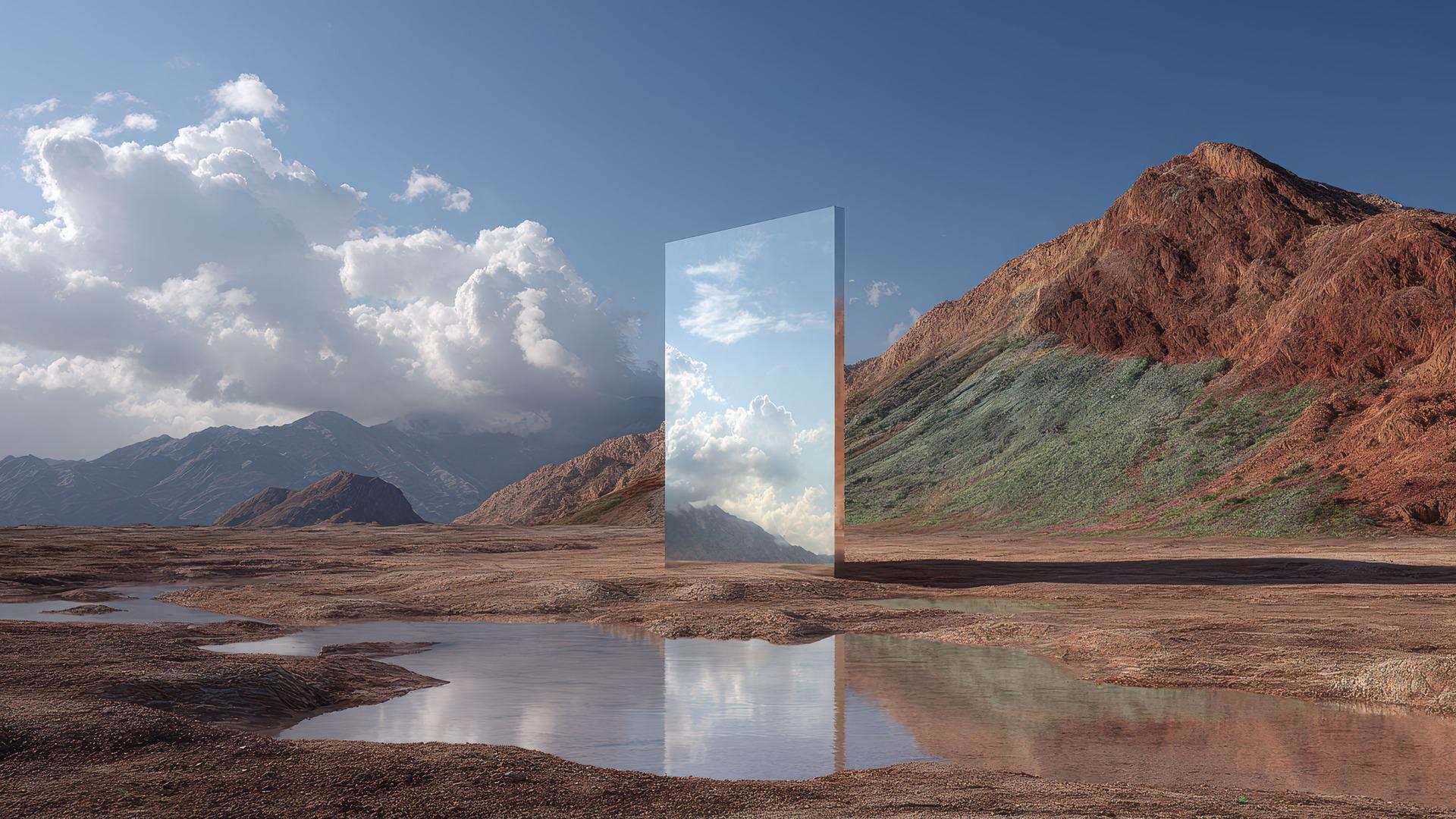 Surreal Landscape with Reflective Mirror Portal