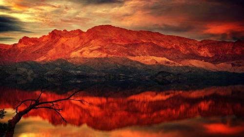Fiery Sunset Reflection over Mountain Lake, Arizona