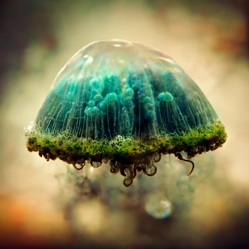 This is Ai Generated. I wanted a Jellyfish with Moss texture. with a Microscopic Atmosphere. and Mushrooms inside