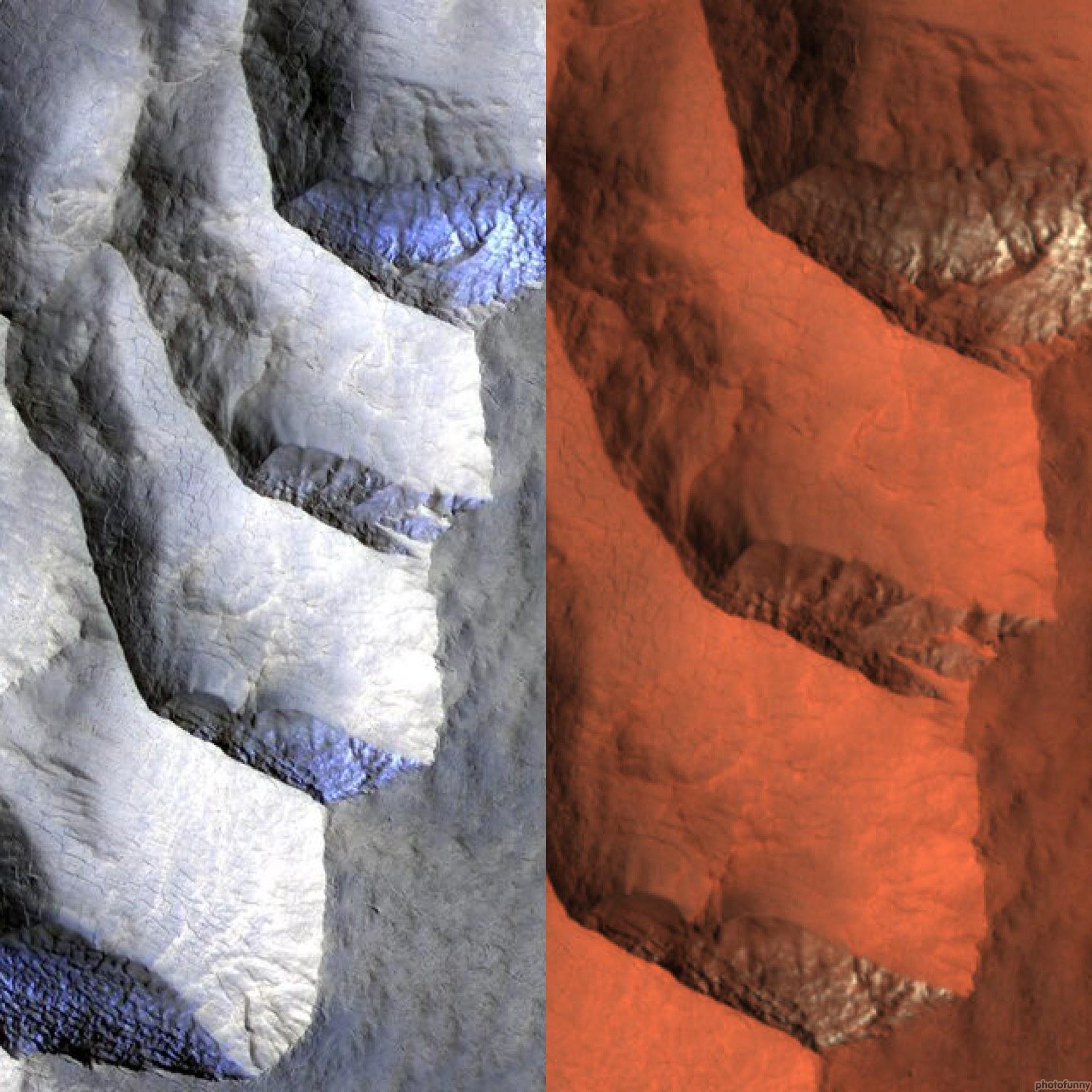 Icy cliffs on mars, both in infrared-red-blue and RGB