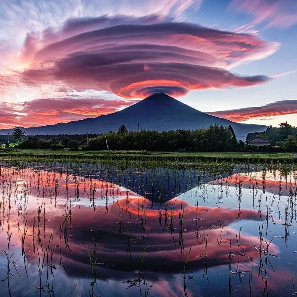 ​Mount Fuji With Incredible Lenticular Clouds Seemingly Erupting From It  &amp; Lake Tanuki , Fujinomiya, Shizuoka Prefecture, Japan​