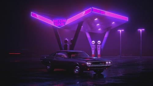 Neon Gas Station at Night