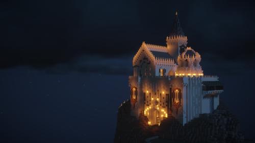 A Minecraft structure over a mountain - Night view