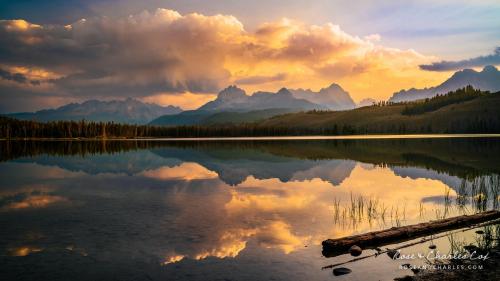 Smokey sunset over Little Redfish Lake in the Sawtooth Mountains, Idaho