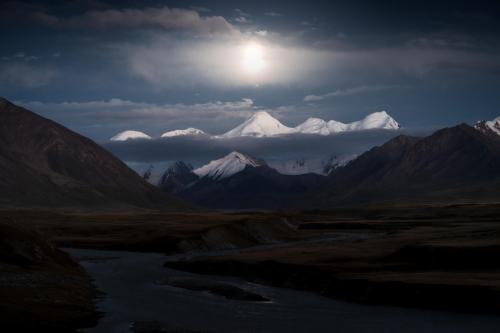 Moonlit Tien Shan mountains in Sary Jaz, Kyrgyzstan