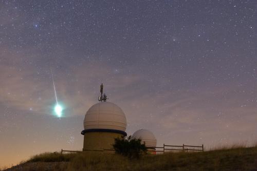 Lucky shot, big meteor above Pleiades and the observatory