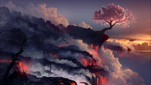 Eruption lava volcano oriental cherry tree