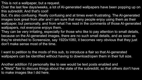 To the mods of this subreddit and the community in general, a request regarding AI-generated images.