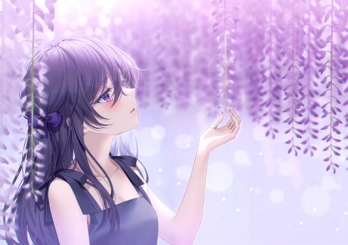 Aesthetic anime girl with purple hair looking at pastel lilac/lavender colored flowers | Wallpaper