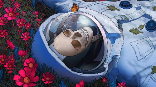 Astronaut surrounded by flowers