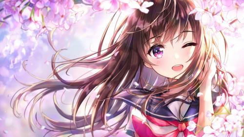 anime girl for desktop, wink, cherry blossom, cute, school uniform, smiling