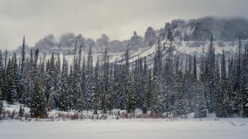 Pinnacle Buttes of Wyoming during an April winter storm