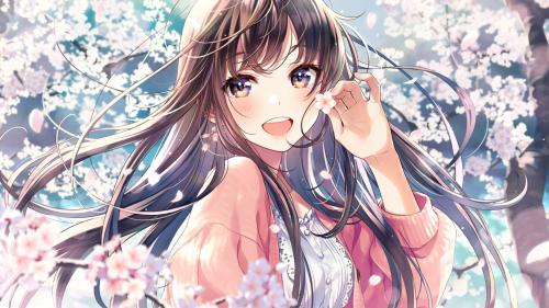 anime girl for desktop, pretty, brown hair, smiling, cherry blossom