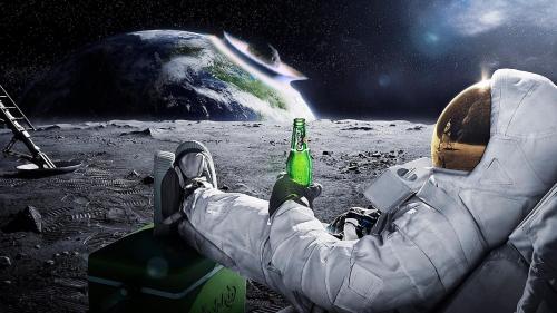 astronaut drinks beer and watches earth get destroyed
