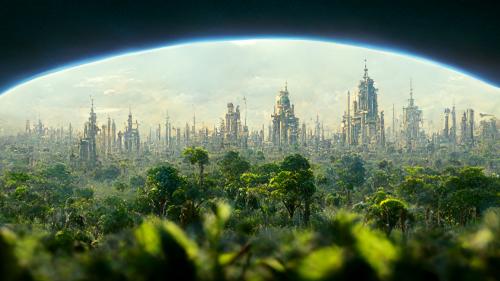 Generated using AI, Alien city in jungle with in the background an Earth like planet.