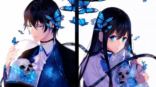 anime couple for desktop, romance, butterflies, shoujo, cute, skull