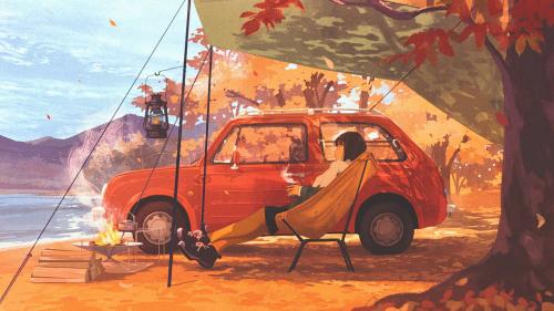 Girl camping beside a car