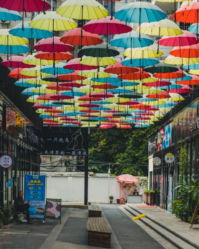 Small street under umbrella shade in Guangzhou, China